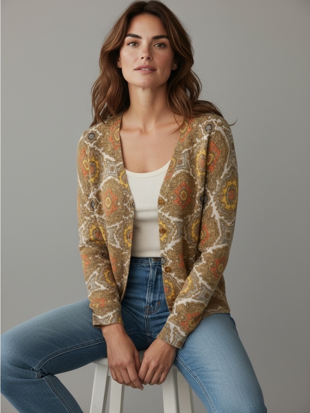 Talbots Tan Multi Paisley-Print Button Cardigan